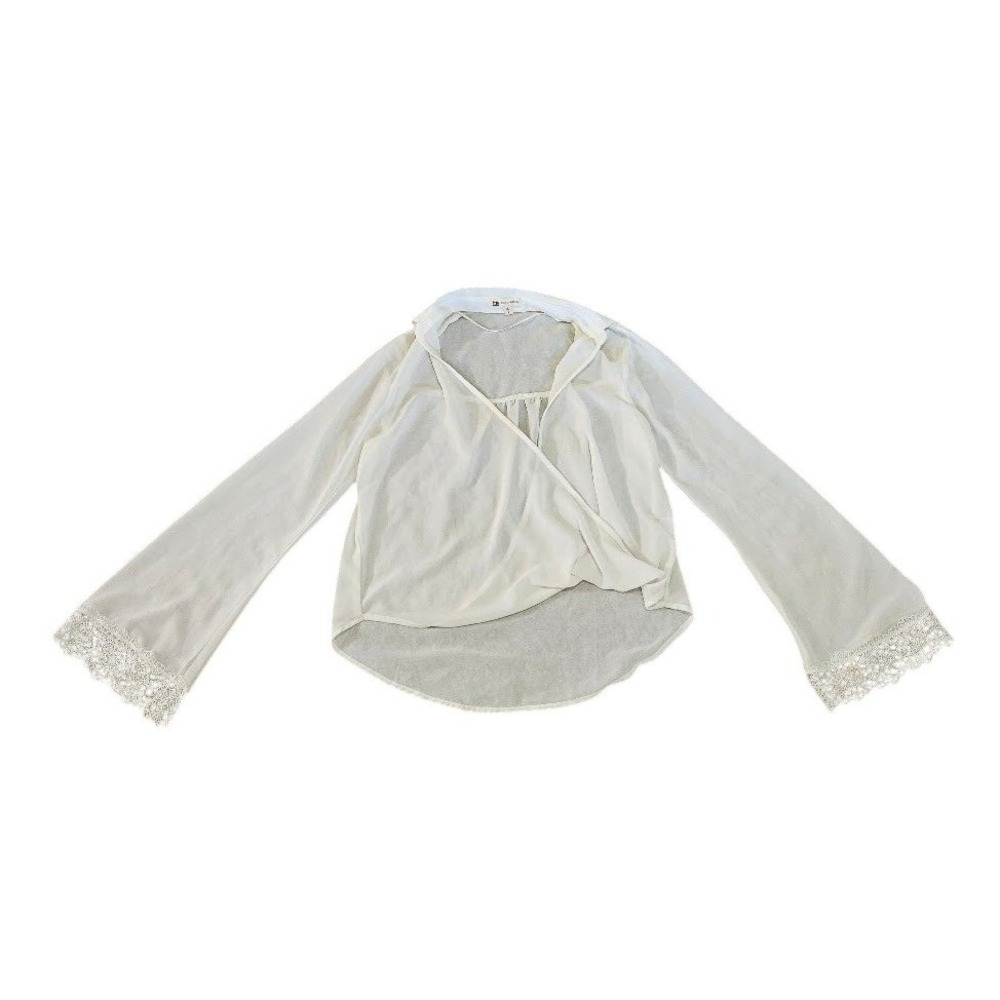 Cotton Candy Cream Chiffon Wrap Blouse Lace Trim Bell Sleeve Boho Top Small